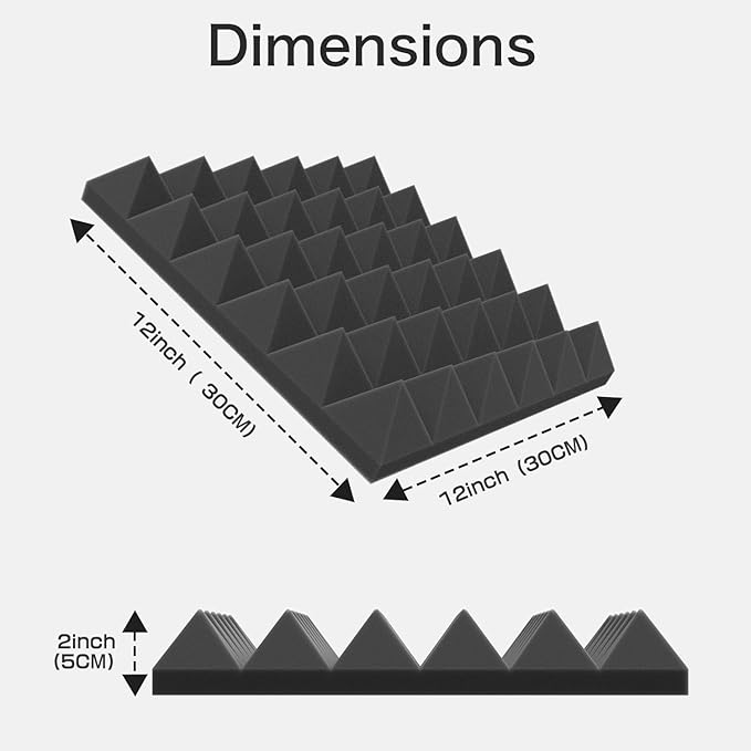 JBER 24Pack Pyramid Sound Proof Foam Panels, 2" X 12" X 12" Self-Adhesive Acoustic Wall Paddings for Home Office Studios (Black)