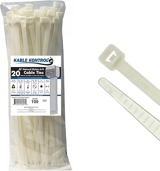 Kable Kontrol Cable Zip Ties, 20 Inch 100 Pcs HD 300lbs Test, Natural White | Nylon Plastic, Self Locking, UL Listed, Indoor Use
