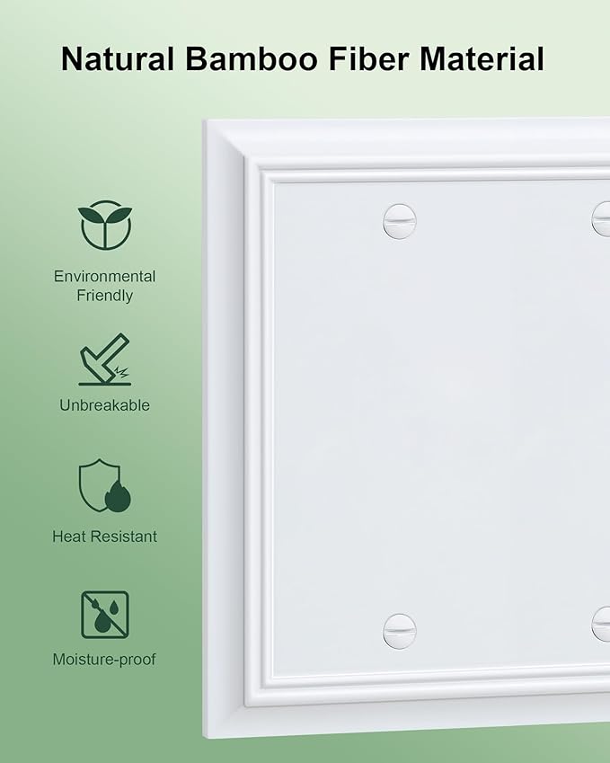 2-Pack Double Blank Wall Plate, Durable Natural Bamboo Fiber Wall Plate Cover,Pure White 1 Gang Wall Plate for Unused Outlets/Switches