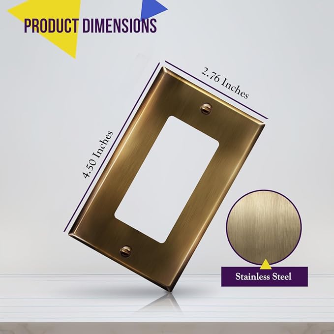 ENERLITES Decorator Switch or Outlet Metal Wall Plate, Stainless Steel 201, Outlet Cover, Corrosion Resistant, Size 1-Gang 4.50" x 2.76", 7731-AB, Antique Brass