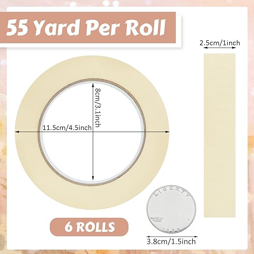 Fainne 6 Rolls Masking Tape Bulk General Purpose Masking Painting Tape 55 Yards for Painting Home Office School Stationery Arts Crafts Basic Use, Easy Removal (1 Inch)