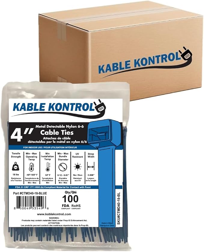 Kable Kontrol Metal Detectable Blue Zip Ties 40000 Pcs 4 Inch, 18 Lbs Test | Iron Infused Cable Ties, Self-Locking, Metal Detector Compatible, Material Complies FDA Standards, Bulk Pack