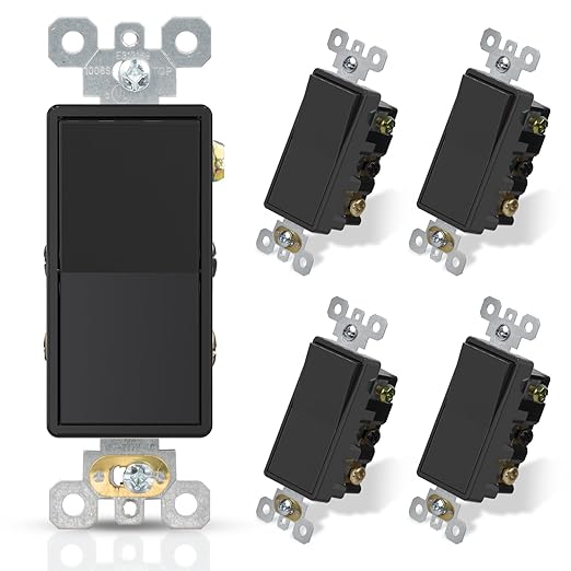 ELEGRP 4 Way Decorative Light Switch, 15Amp, 120-277 Volt, AC Decorator Rocker Paddle Wall Switch Replacement, Self-Grounding, Residential and Commercial Grade, UL Listed (5 Pack, Glossy Black)