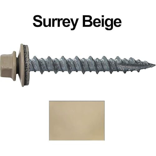 10 x 1-1/2" Surrey Beige Metal Roofing Screws - Hex Washer Head- Self-Starting/Tapping - EPDM Washer. 8 X 250 Bags - 2,000 Screws