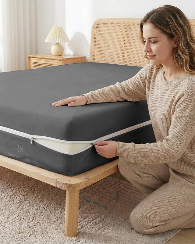 JS Sanders Zippered Mattress Protector Full Size – Soft 100% Egyptian Cotton, 600 Thread Count Deep Pocket Fitted Sheet Encasement Cover for Bed Breathable, 12-16 Inch Fit, Dark Grey 54x75