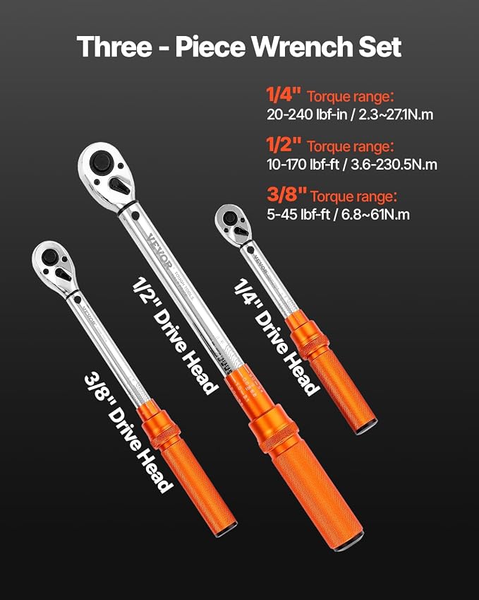VEVOR 1/4 3/8 1/2 Inch Drive Torque Wrench, 3Pcs Click Torque Wrench Set 20-240IN-LB, 5-45FT-LB, 10-170FT-LB, Dual-Direction Adjustable 72 Tooth for Bicycle, Moto and Car Maintenance