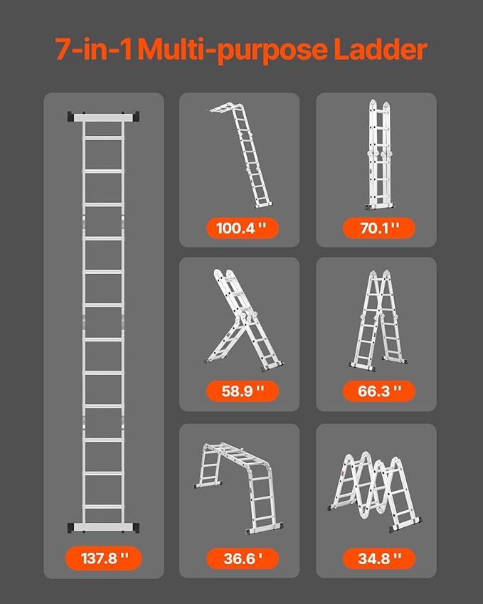 VEVOR Multi-Purpose Folding Ladder, 7-in-1 Tall Step Ladder, A Frame 3 Step Adjustable Telescoping Ladder, 12ft Reach Height Heavy Duty Extension Ladder, 330 lbs Capacity for Household Outdoor Work