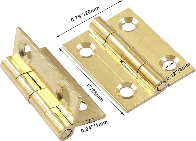 12Pcs Solid Brass Mini Hinges, 1 Inch Mini Solid Brass Butt Hinges, Small Folding Brushed Gold Interior Door Hinges