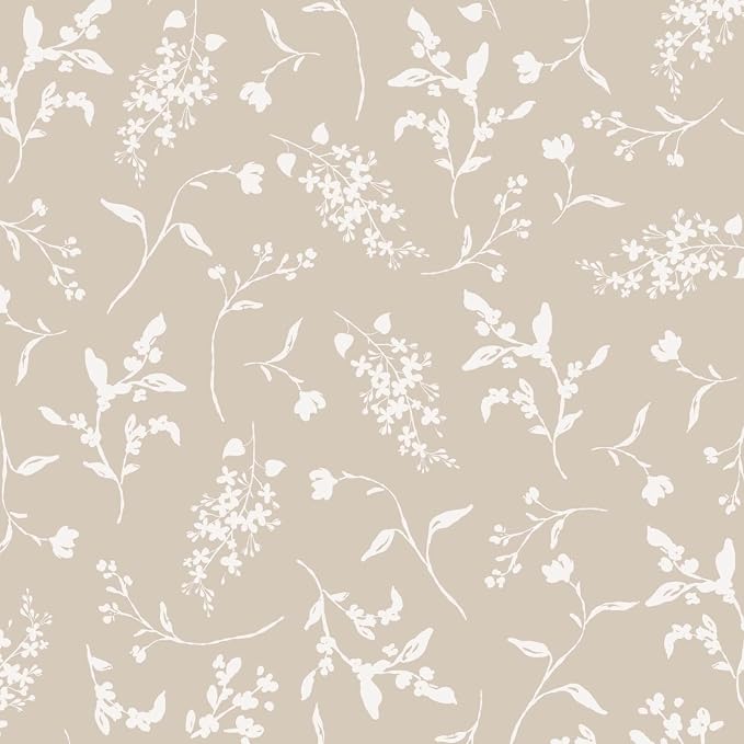 Ismoon Floral Wallpaper Peel and Stick Brown Neutral Contact Paper Wildflowers Leaf Stick on Wall Paper Textured Removable Self Adhesive Vinyl Wallpaper for Bedroom Bahtroom Wall Decor 17.3x78.7in