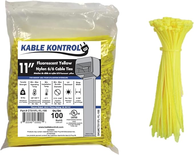 Kable Kontrol Fluorescent Yellow Zip Ties 11 Inch 100 Pcs, 50 Lbs Tensile Strength, Self-locking Nylon Colored Cable Ties Wire Wraps for Indoor or Outdoor Use… | Nylon Plastic, Self Locking, UL Listed, Indoor Use