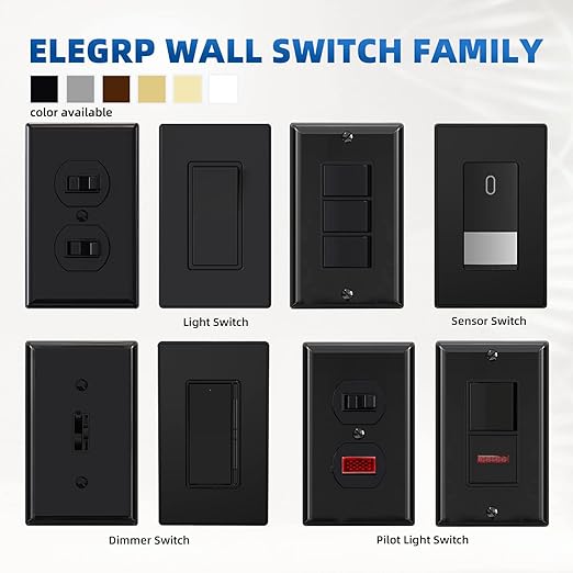 ELEGRP Matte Black 3 Way Decorative Light Switch with Plate, 15Amp, 120-277 Volt, AC Rocker Paddle Wall Switch Replacement, Self-Grounding, Residential Grade, w/Wall Plate, UL Listed (5 Pack)