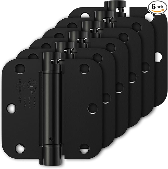 Luxbaro 6 Pack Self Closing Door Hinges 3.5 Inch, Matte Black Spring Loaded Hinges with 5/8'' Radius Corners, Adjustable Tension for Garage, Front Door, for Left and Right Hand Door, UL Listed