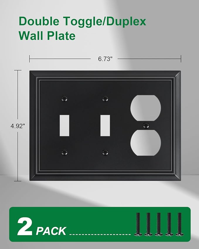 2-Pack Combo Double Toggle/Duplex Outlet Covers, Black Switch Plates and Outlet Covers, Natural Bamboo Fiber Wall Plates for Electrical Outlets, 3 Gang Receptacle Cover, Corrosion Resistant