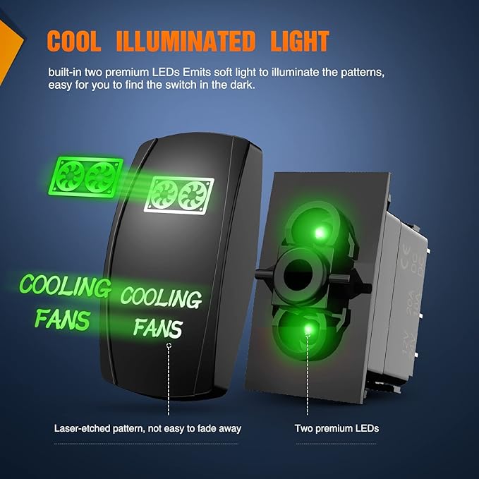 Nilight COOLING FANS Rocker Switch Led Light Bar 5Pin Laser On Off SPST switches 20A/12V 10A/24V Green with Jumper Wires Set for Cars Trucks RVs