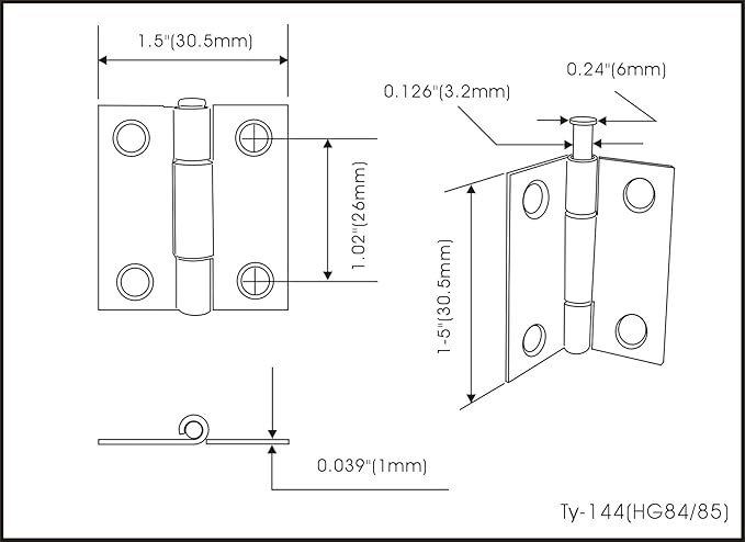 QCAA Narrow Butt Utility Hinge, Swaged, with Removable Loose Pin for Cabinet Door or Box Hinge, 1-1/2" x 1-1/2" x 1.4mm, Flat Black, 12 Pack, Made in Taiwan