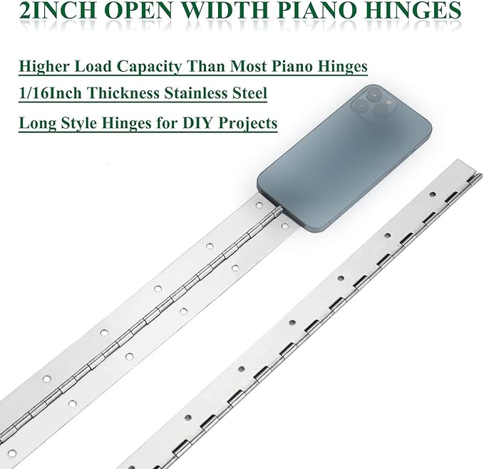 4Pack Heavy Duty Piano Hinge, 2" Open Width x 16" Continuous & Piano Hinges, 0.06” Thick Stainless Steel Piano Hinge with Holes, Polished Stainless Furniture Hinges for Cabinet Door Cases Woodworking