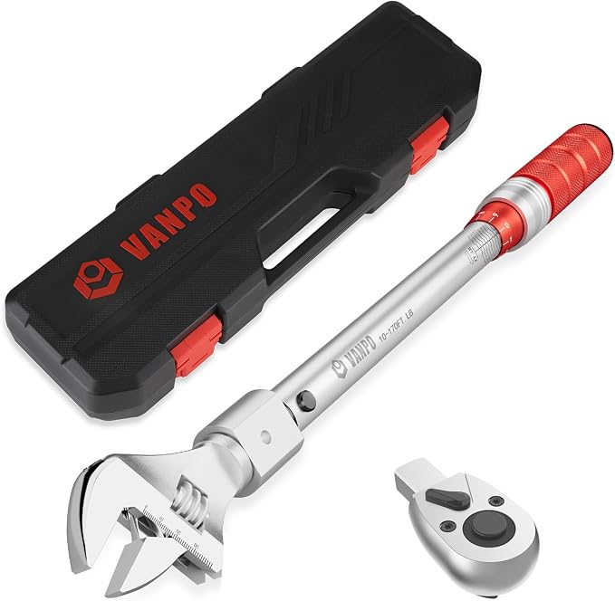 VANPO 1/2" HVAC Torque Wrench, 10-170 Ft-Lb, 38mm Jaw & Ratchet Head | Adjustable, Interchangeable Head, 14x18mm Open End, ±3% Accuracy, for Refrigeration, Split AC, Auto, Heat Pump Piping