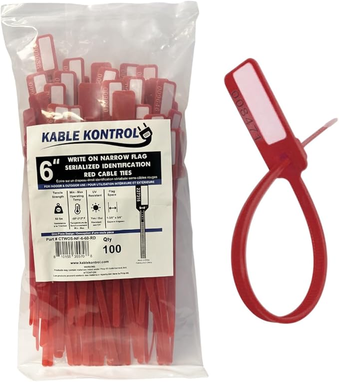 Kable Kontrol Serialized Write-On Flag Zip Ties, 6 Inch 100 Pcs – Red | Numbered Cable Ties with Narrow Flag Writable ID Tag Nylon Self-Locking Wire Marker Labels & Tie Straps