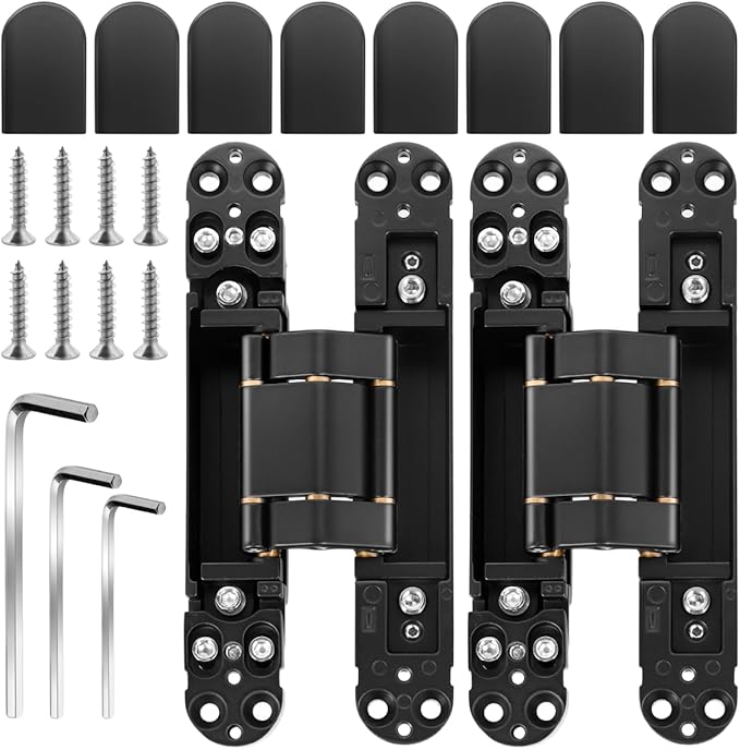 Onedaful 2 Kits 7 inch Stainless Steel Hidden Door Hinges Invisible Hinges for Door, 180 Degree Swing Concealed Hinges, 3 Way Adjustable & Heavy Duty for Secret Door (Load-Bearing Up to 170lbs)