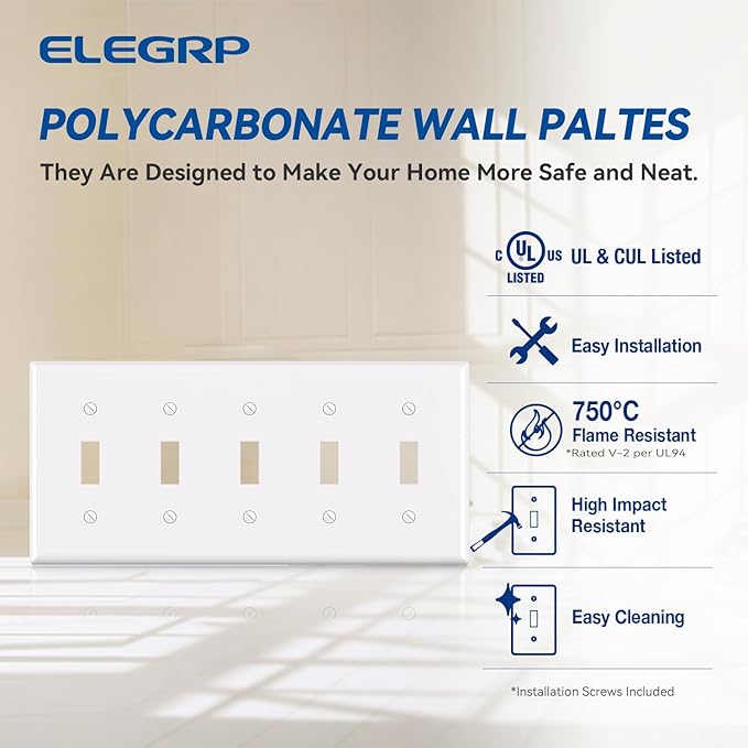 ELEGRP 5-Gang Toggle Switch Wall Plates, Standard Size 4.52" H x 10.03" L Unbreakable Thermoplastic Faceplate Cover for Toggle Dimmer Light Switches, UL Listed (2 Pack, Glossy White)