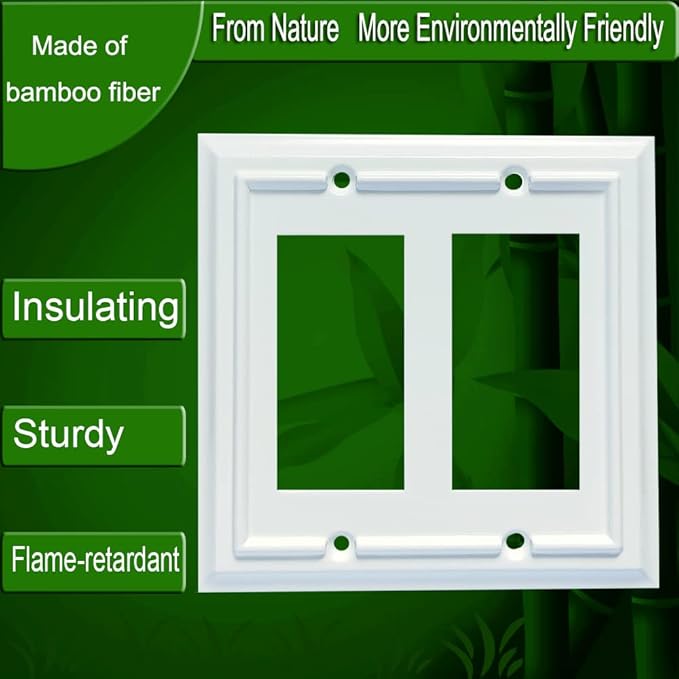 Wall Plates, Outlet Covers,Light Switch Plates, Double Decorator Receptacle Switch Plate, Bamboo Fiber Material Wall Plate, Standard Size Wall Plates of various styles, White (2 Gang Decorator 2 Pack)