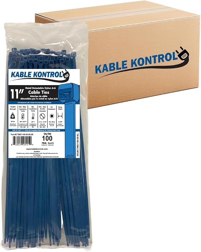 Kable Kontrol Metal Detectable Blue Zip Ties 6500 Pcs, 11 Inch, 50 Lbs Test | Iron Infused Cable Ties, Self-Locking, Metal Detector Compatible, Material Complies FDA Standards, Bulk Pack