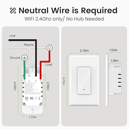 GHome Smart Switches for Lights, WiFi Smart Light Switch Works with Alexa and Google Home, Single-Pole, Neutral Wire Required, 2.4Ghz WiFi Light Switch with APP Control, No Hub Required, UL FCC Listed