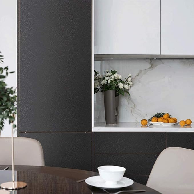 Abyssaly Black Silk Wallpaper Peel and Stick Embossed Self Adhesive Black Contact Paper Removable Kitchen Vinyl Textured Wallpaper Cabinet Furniture Shelf Paper 17.71" x 393.7"