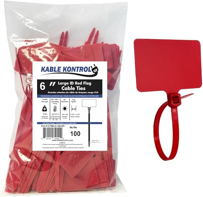 Kable Kontrol Cable Marker Identification Zip Ties 6 Inch 100 Pcs – Red | Large ID Flag Label Straps, Self-Locking Write on Tags for Ethernet, Power, and Cord Labeling