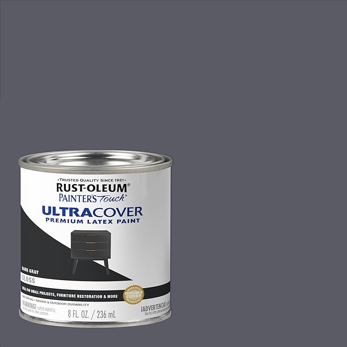 Rust-Oleum 1986730 Brush Painter's Touch Ultra-Cover Multi-Purpose Enamel Paint, 1/2 Pt Can, Gloss Dark Gray 8 Fl Oz (Pack of 1)