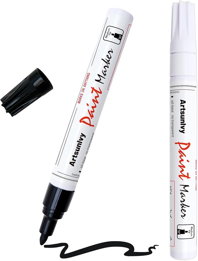 Artsunlvy Permanent Paint Pens Paint Markers - 2 Pack Black & White Oil Based Quick Dry Waterproof Markers For Tire, Rubber,Wood, Rocks, Metal, Canvas