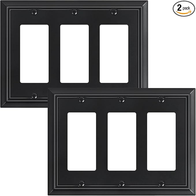 2-Pack Decorative Tripple Decorator Outlet Cover Plate, Durable Natural Bamboo Fiber Matte Black Wall Plates for Electrical Outlets, Receptacle, GFCI Outlet, Dimmer Switch, 3-Gang, Corrosion Resistant