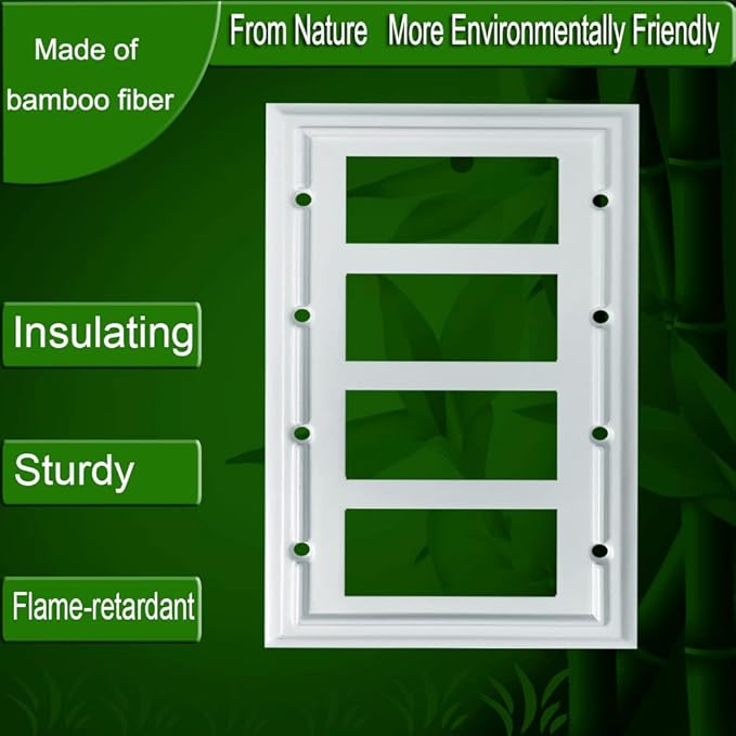 Wall Plates, Outlet Covers, Light Switch Plates, Decorator Light Switch Cover, Bamboo Fiber Material Wall Plate, Standard Size Wall Plates of various styles, White (4 Gang Decorator 1 Pack)
