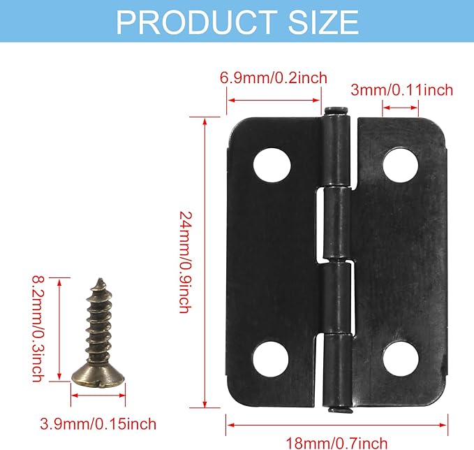 Murtenze 24Pcs Black Butt Hinge, 1 inch x 3/4 inch Metal Foldable Door Hinges for Cabinet Door Closet, Stylish and Durable with Screws