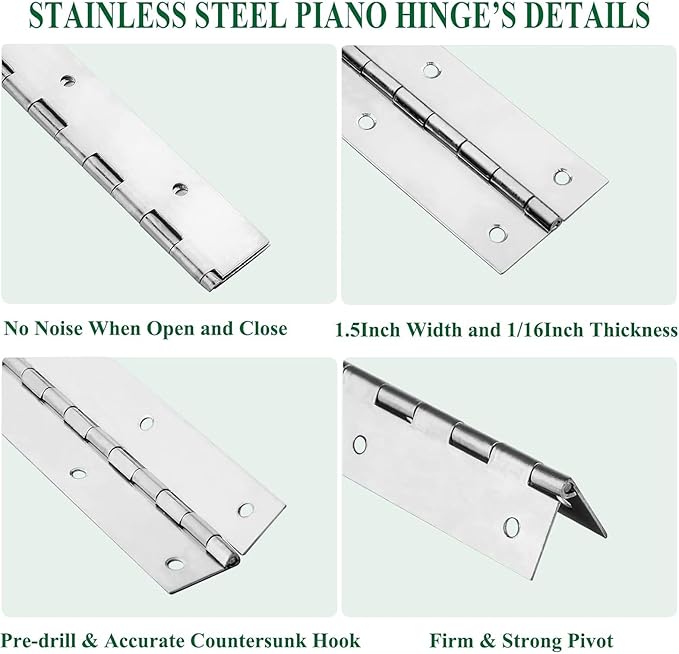 4Pack Heavy Duty Piano Hinge, 2" Open Width x 16" Continuous & Piano Hinges, 0.06” Thick Stainless Steel Piano Hinge with Holes, Polished Stainless Furniture Hinges for Cabinet Door Cases Woodworking