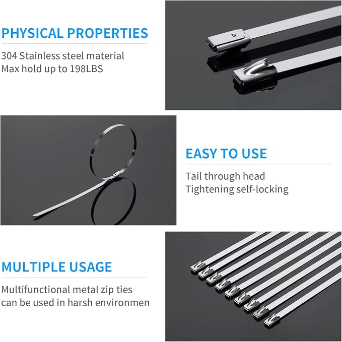 XINGO 11.8 inch Black Metal Zip Ties (200 Pack), 304 Stainless Steel Heavy Duty Zip Ties, 300lbs Tensile Strength, Multi-Purpose Self-locking Cable Ties for Exhaust Wrap, Outdoor and Canopy Etc