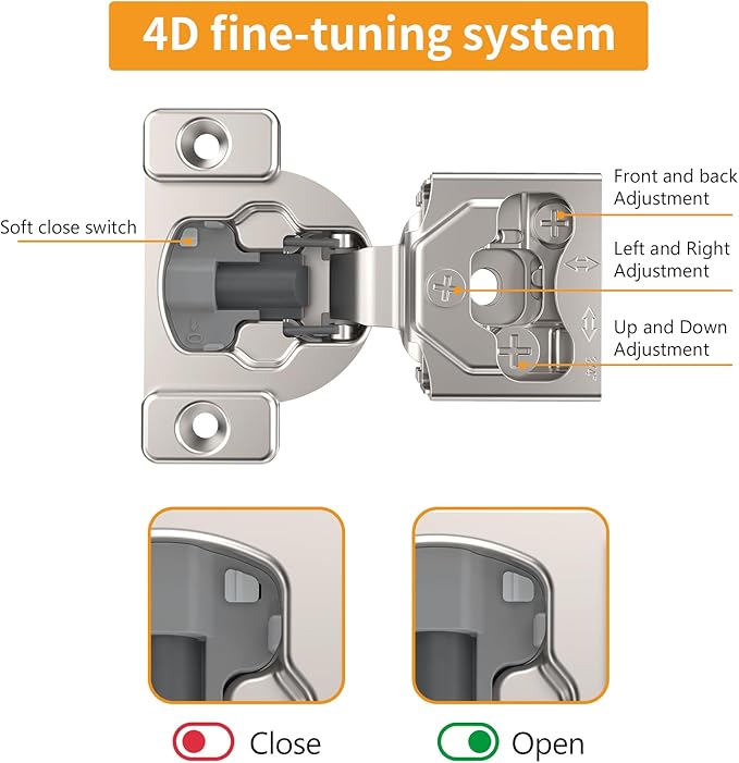 Chibery 10 Pack 3/4" 4D Concealed Hinges for Face Frame Door, Soft Close On/Off Switch, Self Closing, 105° Open Angle Concealed Stainless Steel Hinges for Framed Cabinet, Satin Nickel