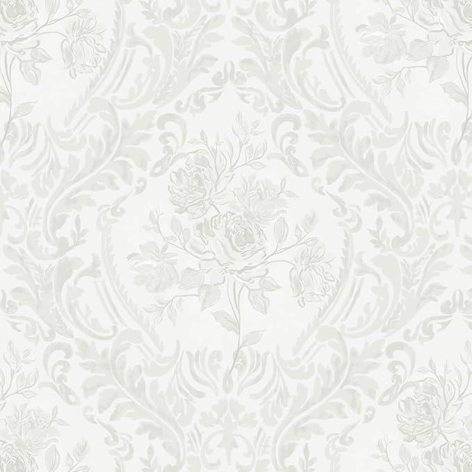 Ismoon Floral Peel and Stick Wallpaper Grey Contact Paper Boho Watercolor Damask Wallpaper Vintage Textured Removable Self Adhesive Vinyl Wall Paper Renter Friendly, 17.3 in X 32.7 ft