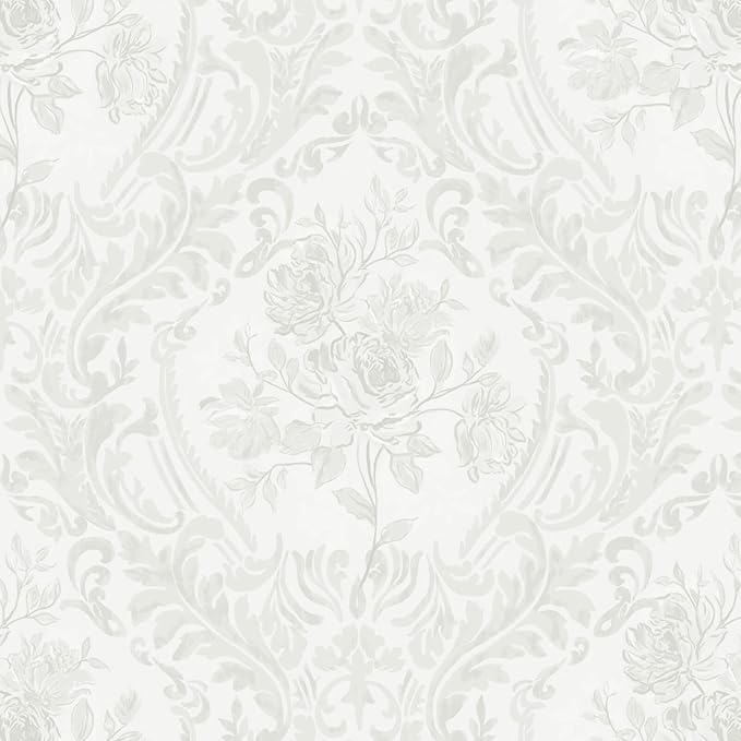 Ismoon Peel and Stick Wallpaper Vintage Floral Contact Paper Boho White and Grey Watercolor Damask Wallpaper Textured Removable Self Adhesive Vinyl Wall Paper for Bedroom, 17.3 in x 16.4 ft