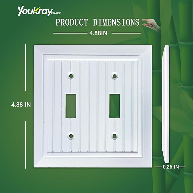Pure White Classic Beadboard Wall Plates,Light Switch Covers,Electrical Outlet Covers, Switch Plates of Various Combination, Nature Bamboo Fiber Wall plate (2 Gang Toggle 2 Pack)