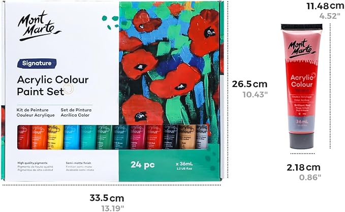 Mont Marte Acrylic Colour Paint Set Signature 24pc x 1.21 US fl.oz (36ml), Acrylic Paint Kit Ideal for Canvas, Wood, Air Dried Clay, Cardboard and More, Great Beginner Acrylic Paint Set, Includes 24 Colors