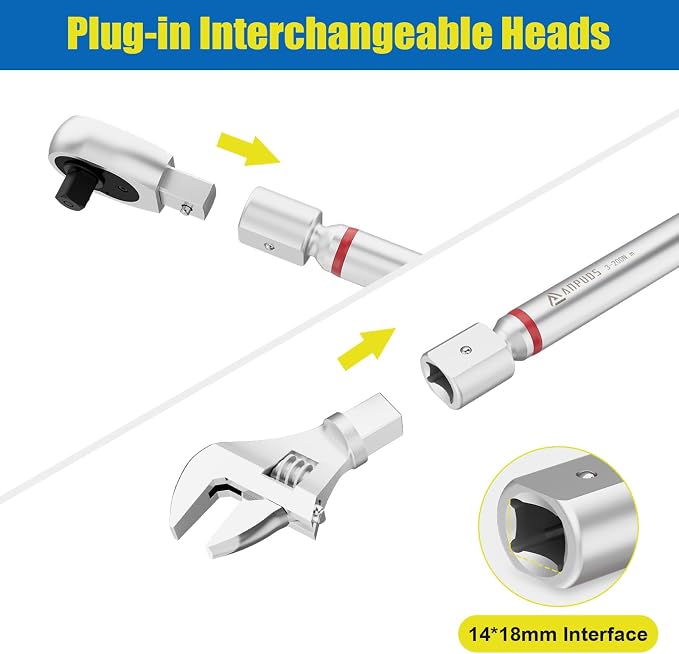 Adjustable Digital Torque Wrench, 2.2-147.5 Ft.lb, ±1% Accuracy | 3-200 Nm, 45mm Jaw & 1/2" Ratchet, 14×18mm Open End, Vibration, Buzzer and LED Indicator, for HVAC, Split AC, Auto, Plumbing