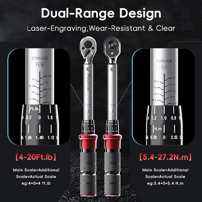 6-Piece Click Torque Wrench Set, 1/4", 3/8" & 1/2" Drive, ±3% | 4-20, 5-45, 15-165 Ft.lb Dual-Direction Torque Wrenches, 72-Tooth Ratchet with Extension Bars for Bicycle, Motorcycle & Auto