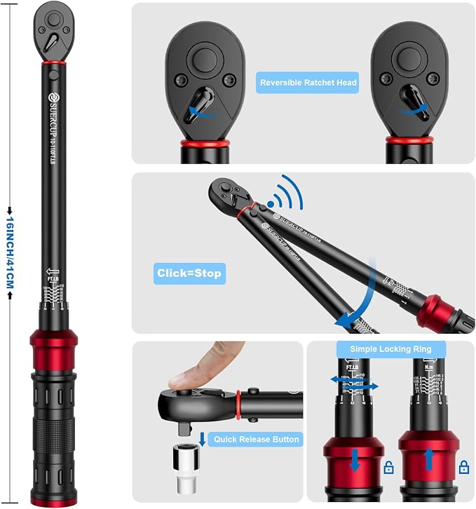 3/8" Click Torque Wrench, 10-110 ft-lb, for Lug Nuts & Spark Plugs | ±3% Accuracy, 13.6-149.2Nm, Dual-Direction 72-Tooth Ratchet, Click Alert, for Engine, Suspension, Motorcycle & Car Repair