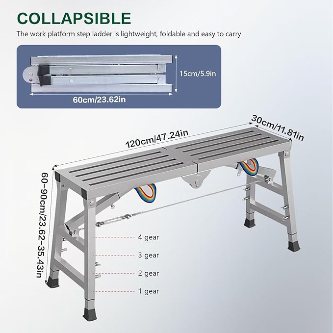 Work Platform Scaffold, 47"x 11" Portable Folding Scaffolding Platform, Equipment Adjustable Height 23.6"-35.4",Steel Step Ladder 800 lbs Load Capacity for Car Washing, Repairing, Painting, Cleaning