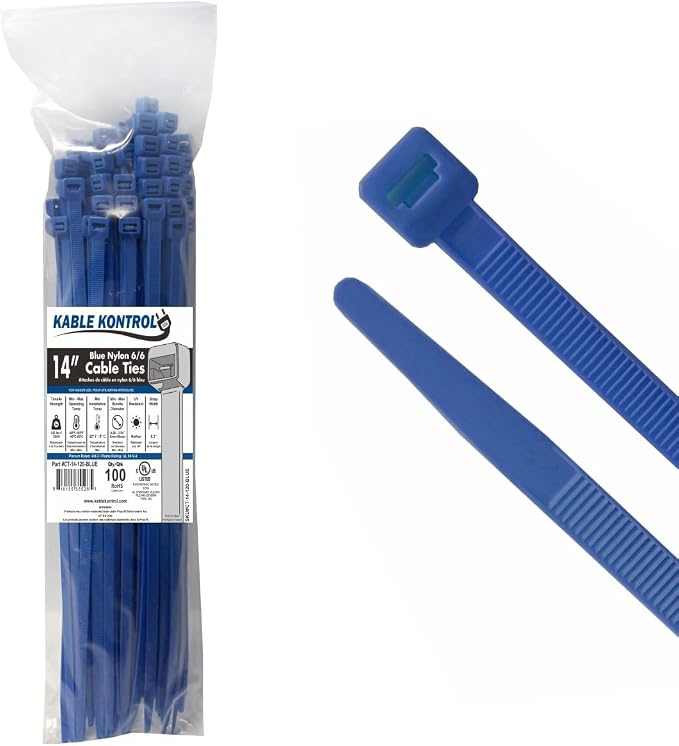Kable Kontrol Cable Zip Ties, 14 Inch, 100 Pcs, HD 120lbs Test, Blue | Nylon Plastic, Self Locking, UL Listed, Indoor Use