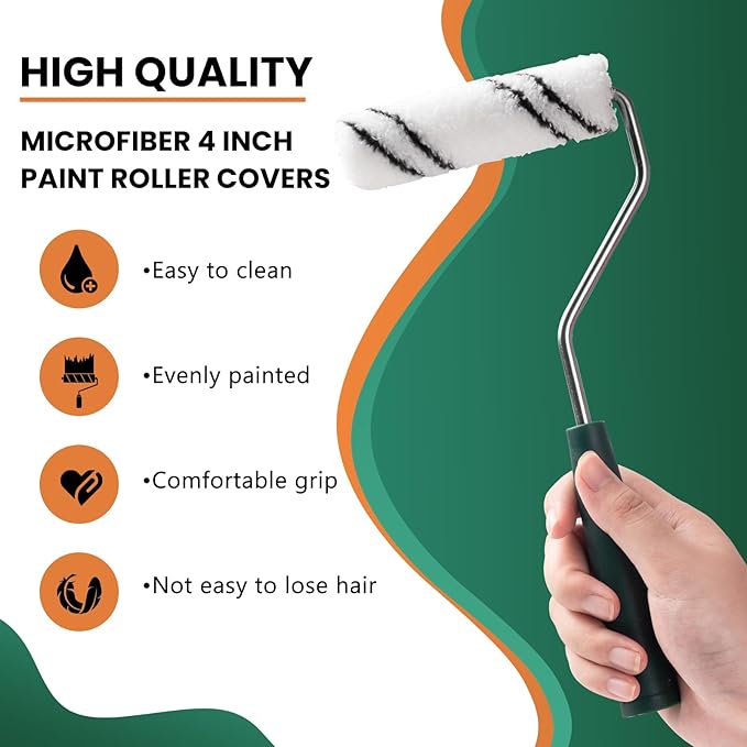 Microfiber Paint Roller 4 Inch, Small Paint Roller Covers (3/8-Inch Nap, 40 Pack), Mini Paint Rollers for House Painting with Paint Roller Frame, Wall Painting Tool