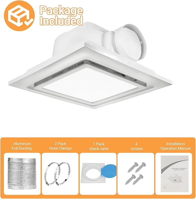 Bathroom Exhaust Fan with Light, 140 CFM Quiet Ventilation Fan with 6500K 12W LED Light 1.0 Sones Low Noise, 4" Duct Included Square Ceiling Mount Vent Fan for Bathroom Office Home (White, 12inch)