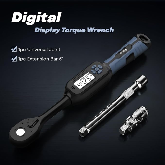 3/8 Torque Wrench Digital (2.21-44.25 Ft. Lb) ±2% High accuracy Digital Torque Wrench 3/8 Drive Ratchet with Buzzer&LED Indicator Track Mode/Universal Joint&6" Xtension Bar for Bike Moto Auto