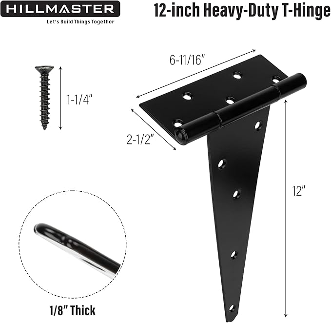 HILLMASTER 12 Inch T-Strap Heavy Duty Shed Door Hinges Gate Strap Hinges Black Tee Hinge Wrought Hardware for Wooden Fences,Yard,Barn Door,Rustproof (6 Pack)